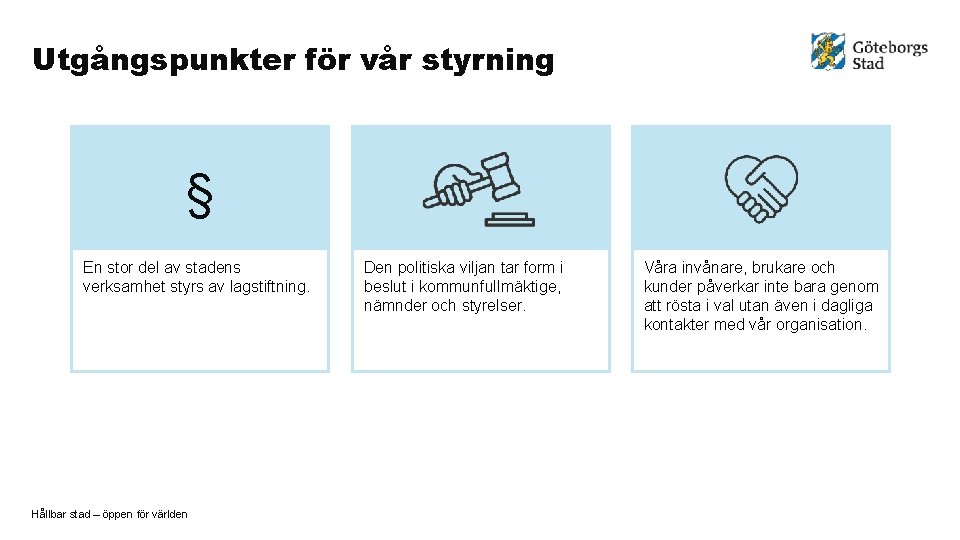 Utgångspunkter för vår styrning § En stor del av stadens verksamhet styrs av lagstiftning.