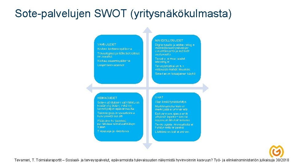 Sote-palvelujen SWOT (yritysnäkökulmasta) Tevameri, T. Toimialaraportit – Sosiaali- ja terveyspalvelut, epävarmoista tulevaisuuden näkymistä hyvinvoinnin