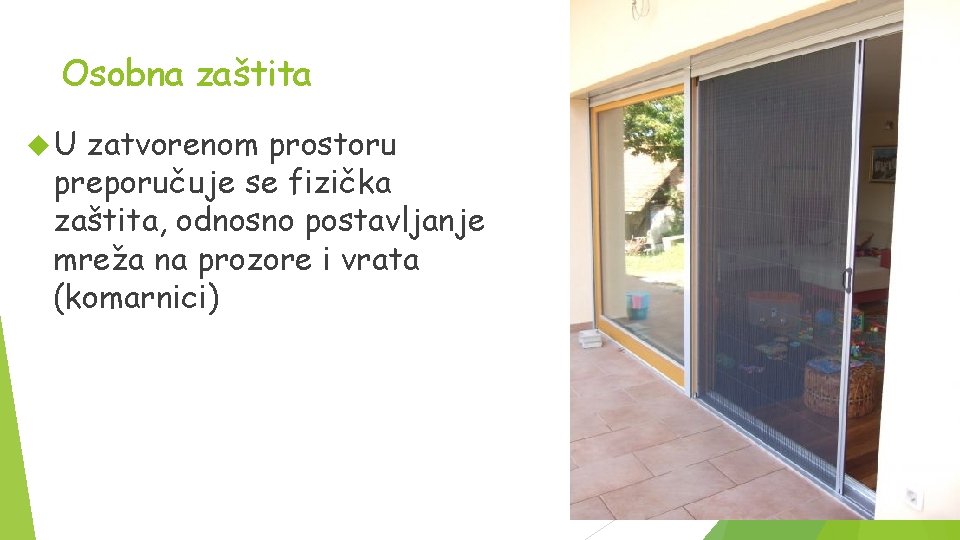 Osobna zaštita U zatvorenom prostoru preporučuje se fizička zaštita, odnosno postavljanje mreža na prozore