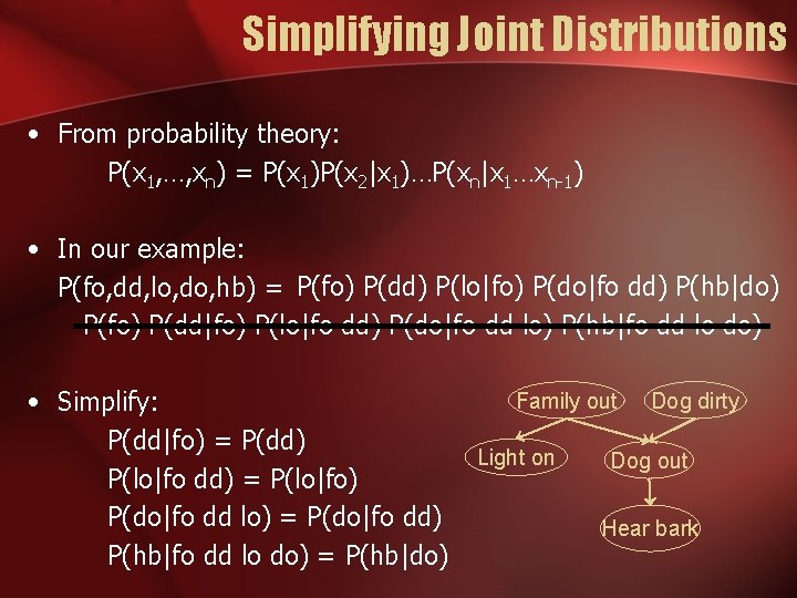 Simplifying Joint Distributions • From probability theory: P(x 1, …, xn) = P(x 1)P(x
