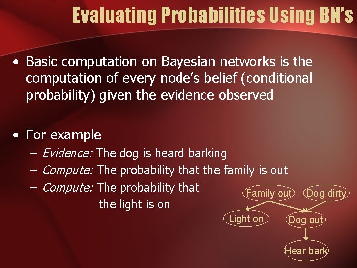 Evaluating Probabilities Using BN’s • Basic computation on Bayesian networks is the computation of