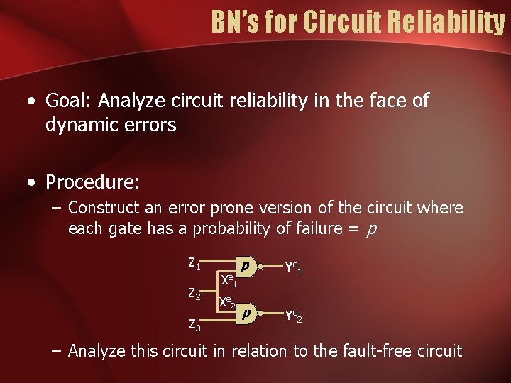 BN’s for Circuit Reliability • Goal: Analyze circuit reliability in the face of dynamic