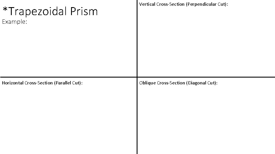 *Trapezoidal Prism Vertical Cross-Section (Perpendicular Cut): Horizontal Cross-Section (Parallel Cut): Oblique Cross-Section (Diagonal Cut): *Trapezoidal Prism Vertical Cross-Section (Perpendicular Cut): Horizontal Cross-Section (Parallel Cut): Oblique Cross-Section (Diagonal Cut):