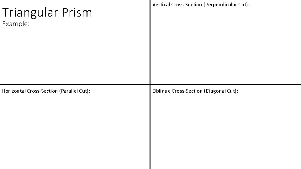 Triangular Prism Vertical Cross-Section (Perpendicular Cut): Horizontal Cross-Section (Parallel Cut): Oblique Cross-Section (Diagonal Cut): Triangular Prism Vertical Cross-Section (Perpendicular Cut): Horizontal Cross-Section (Parallel Cut): Oblique Cross-Section (Diagonal Cut):
