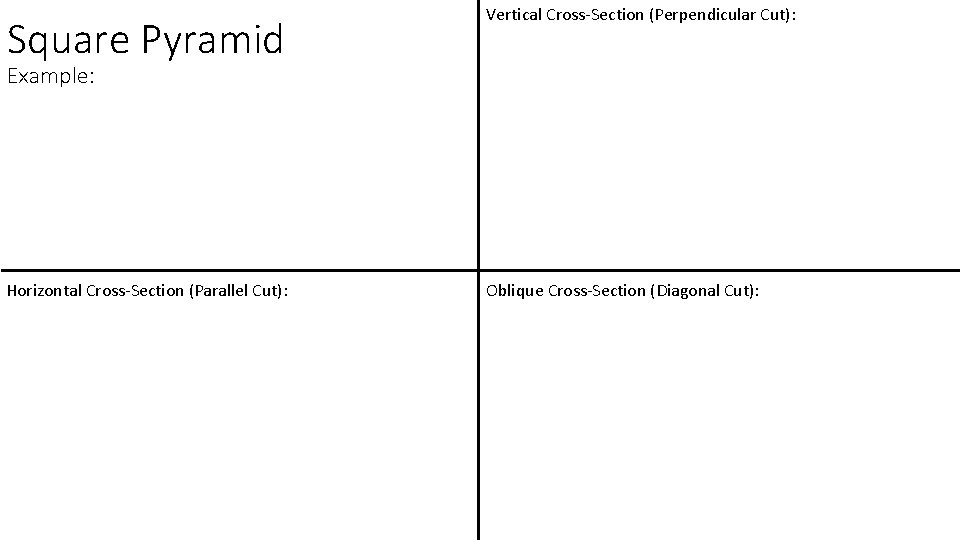 Square Pyramid Vertical Cross-Section (Perpendicular Cut): Horizontal Cross-Section (Parallel Cut): Oblique Cross-Section (Diagonal Cut): Square Pyramid Vertical Cross-Section (Perpendicular Cut): Horizontal Cross-Section (Parallel Cut): Oblique Cross-Section (Diagonal Cut):