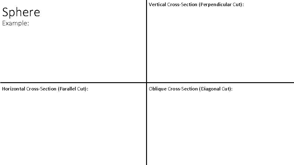 Sphere Vertical Cross-Section (Perpendicular Cut): Horizontal Cross-Section (Parallel Cut): Oblique Cross-Section (Diagonal Cut): Example: Sphere Vertical Cross-Section (Perpendicular Cut): Horizontal Cross-Section (Parallel Cut): Oblique Cross-Section (Diagonal Cut): Example: