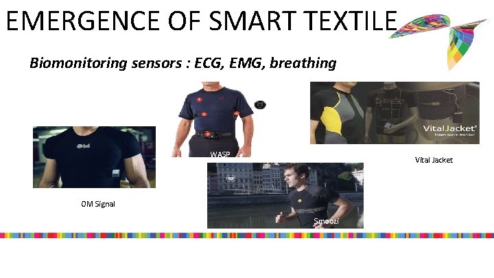 EMERGENCE OF SMART TEXTILE Biomonitoring sensors : ECG, EMG, breathing WASP Vital Jacket OM