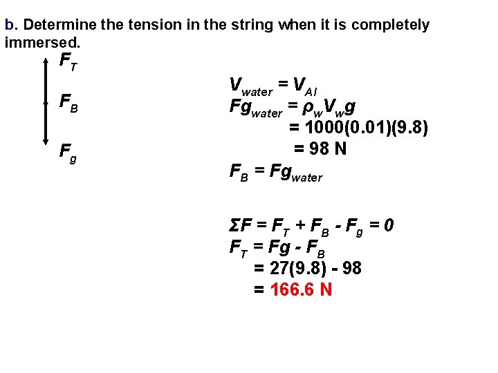 b. Determine the tension in the string when it is completely immersed. FT FB