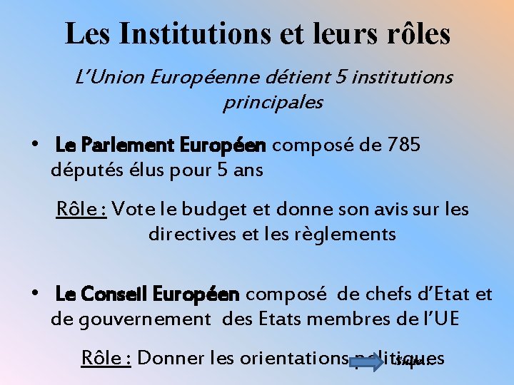 Les Institutions et leurs rôles L’Union Européenne détient 5 institutions principales • Le Parlement