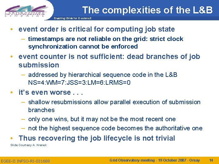 The complexities of the L&B Enabling Grids for E-scienc. E • event order is