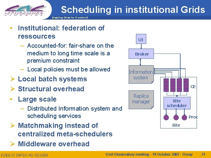 Scheduling in institutional Grids Enabling Grids for E-scienc. E • Institutional: federation of ressources