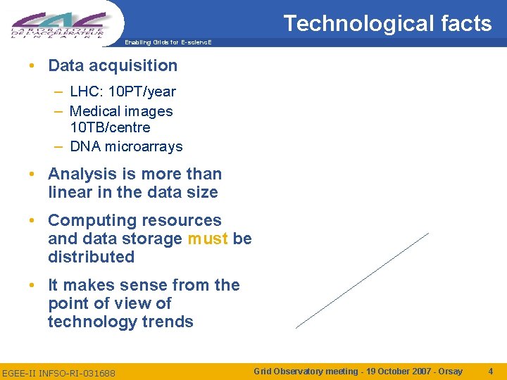 Technological facts Enabling Grids for E-scienc. E • Data acquisition – LHC: 10 PT/year