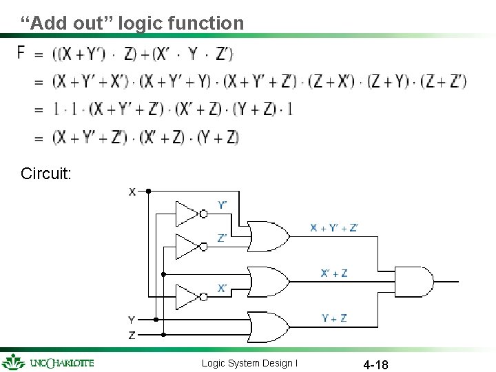 “Add out” logic function Circuit: Logic System Design I 4 -18 “Add out” logic function Circuit: Logic System Design I 4 -18