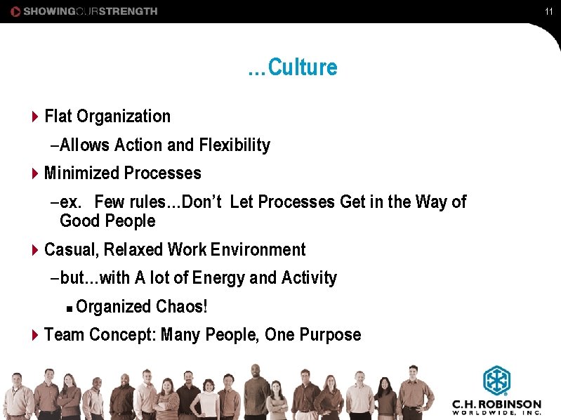 11 …Culture 4 Flat Organization – Allows Action and Flexibility 4 Minimized Processes –