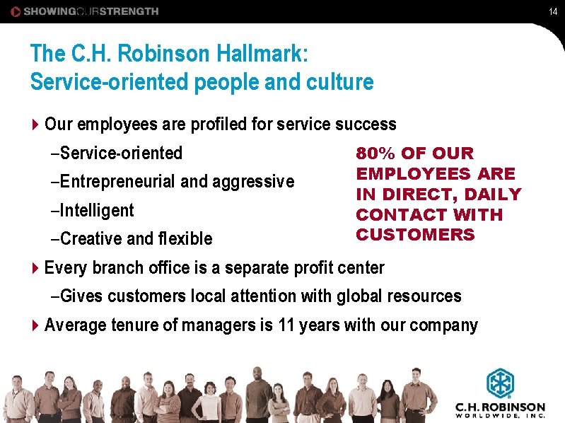 14 The C. H. Robinson Hallmark: Service-oriented people and culture 4 Our employees are