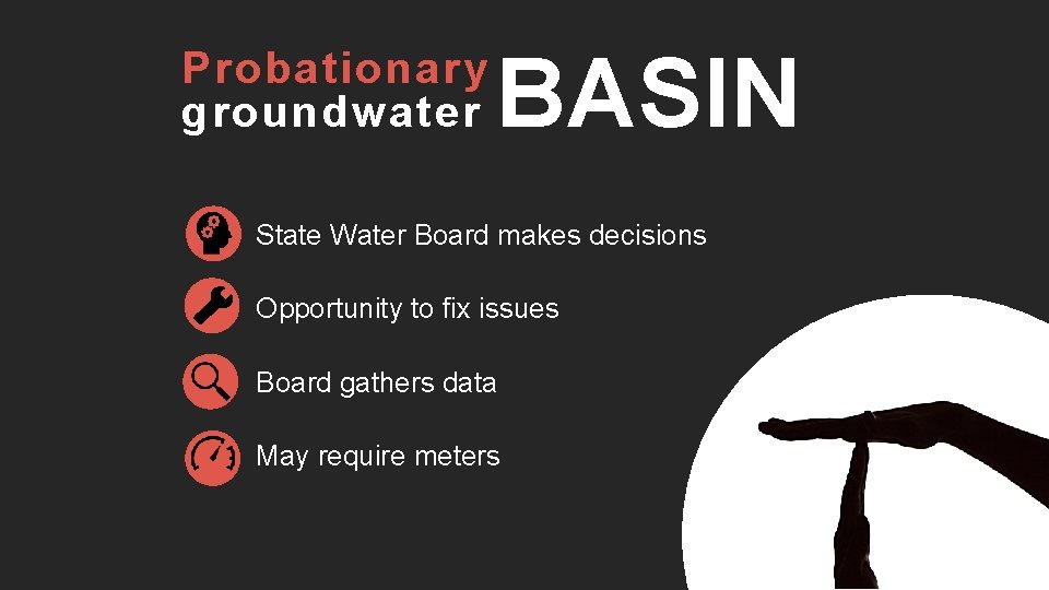 Probationary groundwater BASIN State Water Board makes decisions Opportunity to fix issues Board gathers