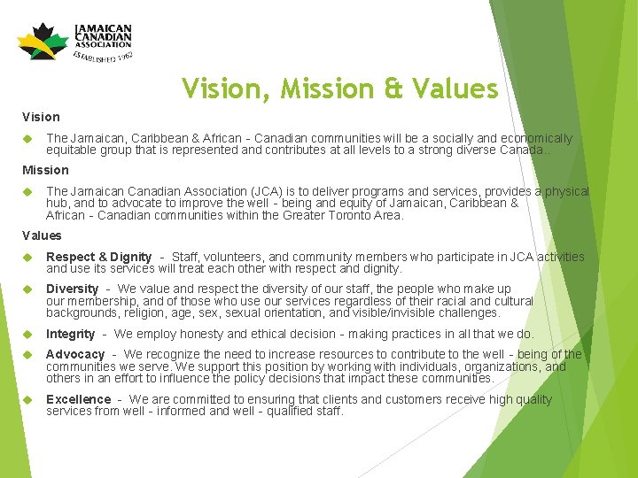 Vision, Mission & Values Vision The Jamaican, Caribbean & African‐Canadian communities will be a