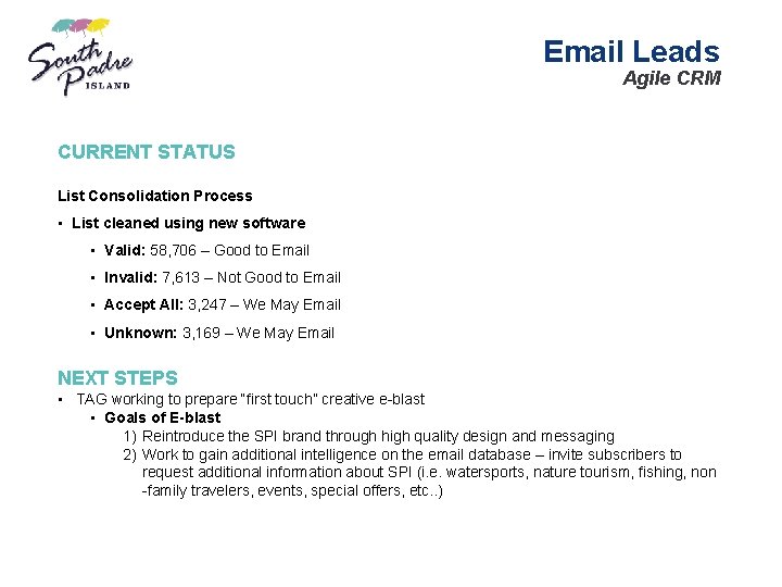 Email Leads Agile CRM CURRENT STATUS List Consolidation Process • List cleaned using new