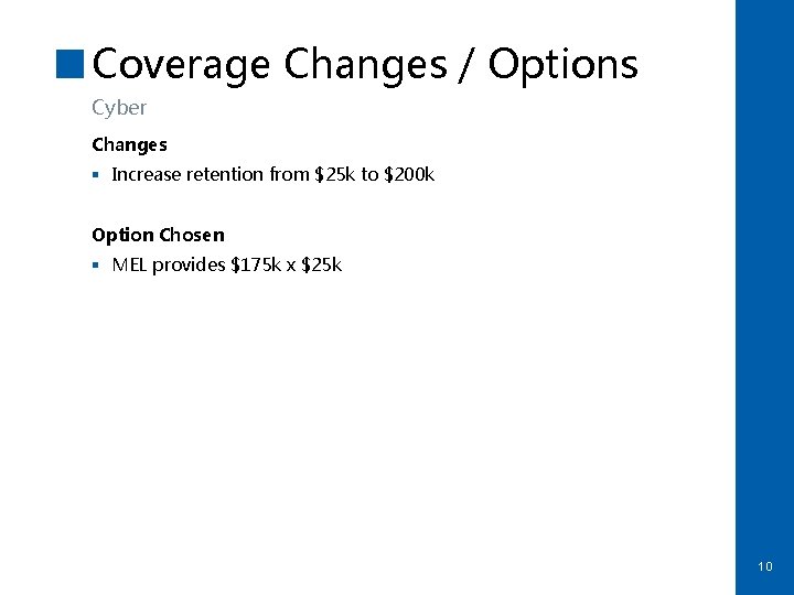 Coverage Changes / Options Cyber Changes § Increase retention from $25 k to $200