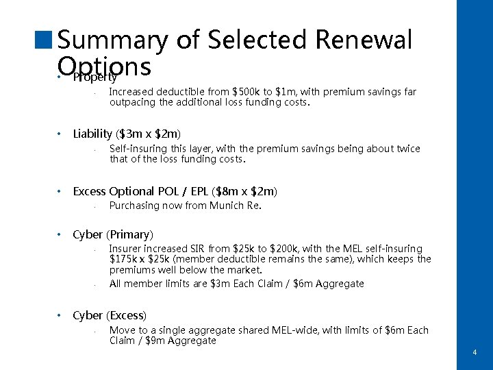 Summary of Selected Renewal • Options Property • • Liability ($3 m x $2