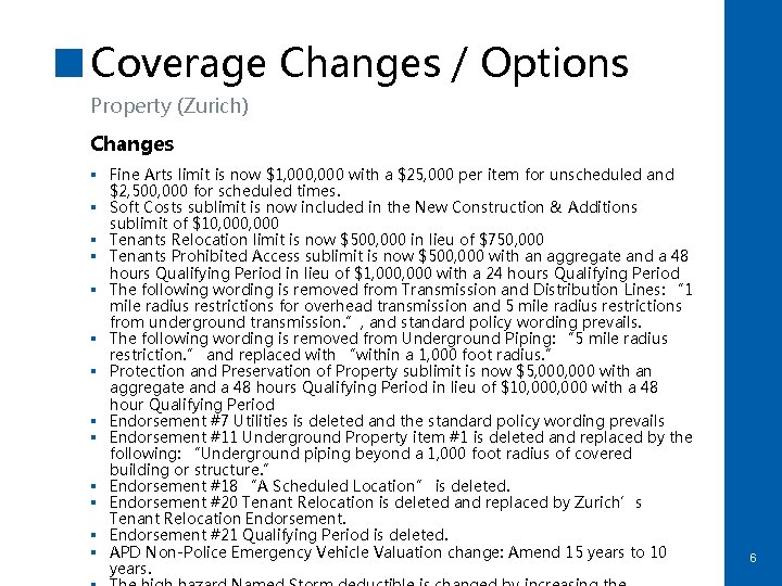 Coverage Changes / Options Property (Zurich) Changes § Fine Arts limit is now $1,