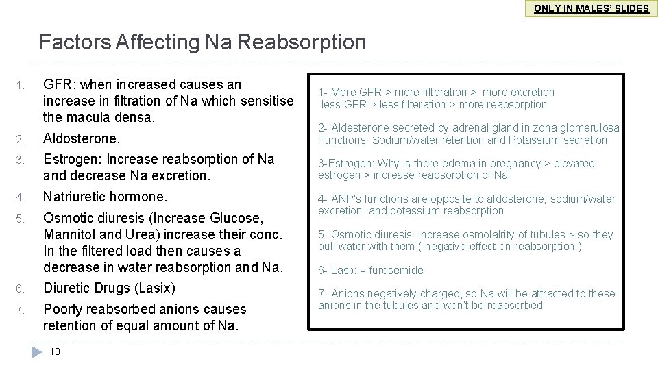 ONLY IN MALES’ SLIDES Factors Affecting Na Reabsorption 1. GFR: when increased causes an