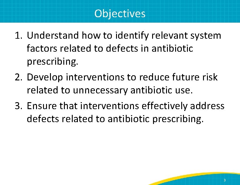 Objectives 1. Understand how to identify relevant system factors related to defects in antibiotic