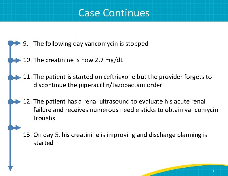 Case Continues 9. The following day vancomycin is stopped 10. The creatinine is now