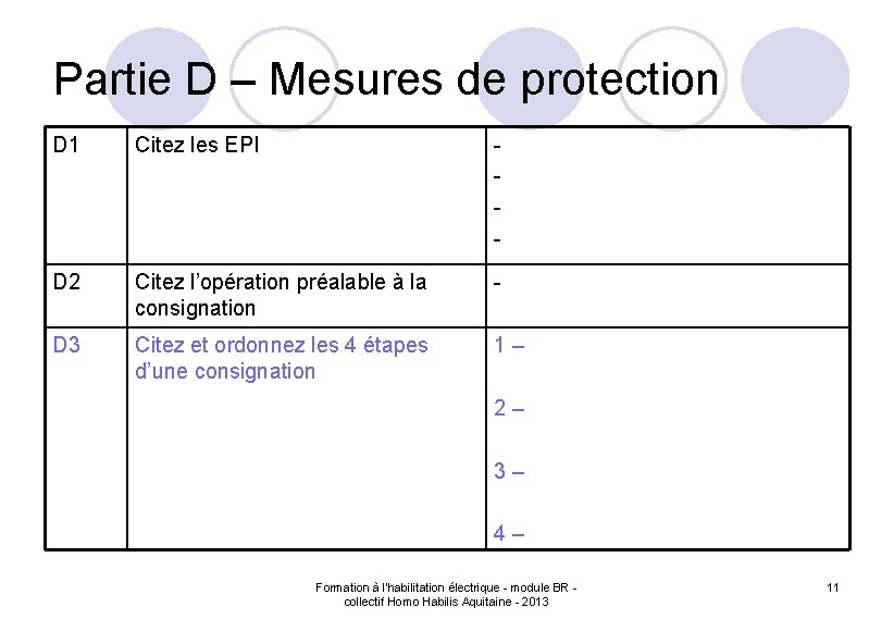 Partie D – Mesures de protection D 1 Citez les EPI - D 2