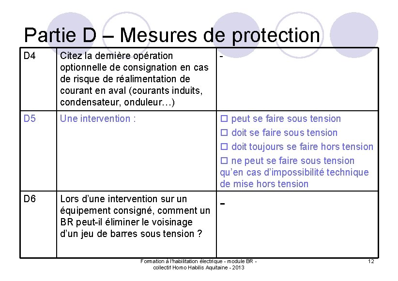 Partie D – Mesures de protection D 4 Citez la dernière opération optionnelle de