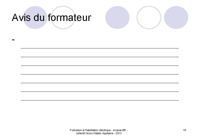 Avis du formateur - Formation à l'habilitation électrique - module BR collectif Homo Habilis