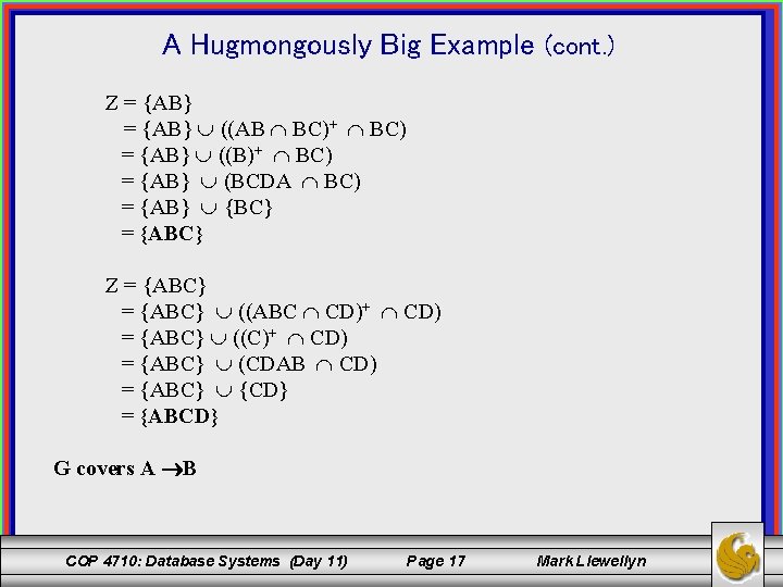 A Hugmongously Big Example (cont. ) Z = {AB} ((AB BC)+ BC) = {AB}