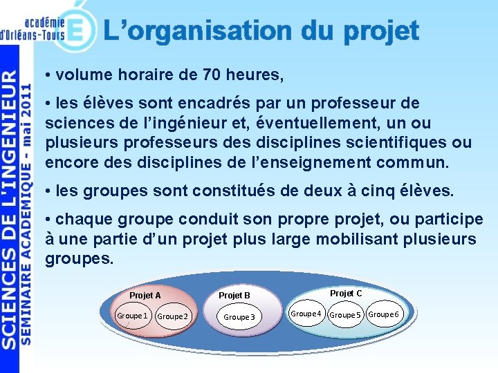 L’organisation du projet • volume horaire de 70 heures, • les élèves sont encadrés