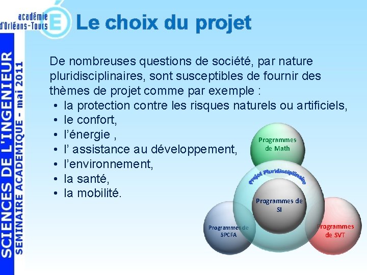 Le choix du projet De nombreuses questions de société, par nature pluridisciplinaires, sont susceptibles