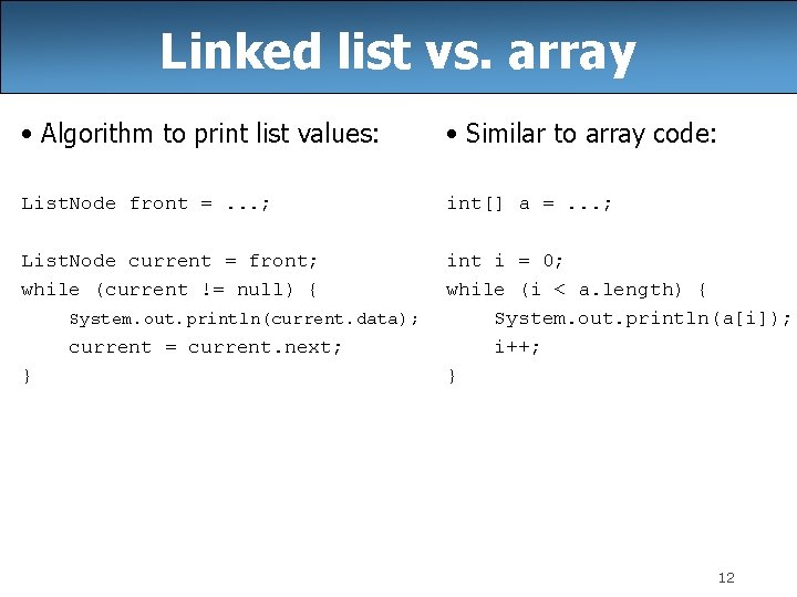 Linked list vs. array • Algorithm to print list values: • Similar to array Linked list vs. array • Algorithm to print list values: • Similar to array