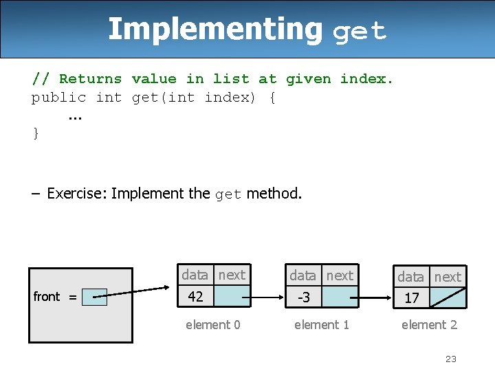 Implementing get // Returns value in list at given index. public int get(int index) Implementing get // Returns value in list at given index. public int get(int index)