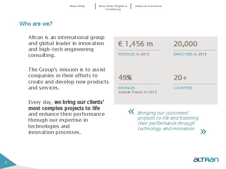About Altran Belgium & Luxembourg Industries & Solutions Who are we? Altran is an