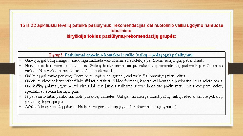 15 iš 32 apklaustų tėvelių pateikė pasiūlymus, rekomendacijas dėl nuotolinio vaikų ugdymo namuose tobulinimo.