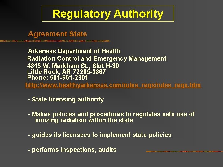 Regulatory Authority Agreement State Arkansas Department of Health Radiation Control and Emergency Management 4815 Regulatory Authority Agreement State Arkansas Department of Health Radiation Control and Emergency Management 4815