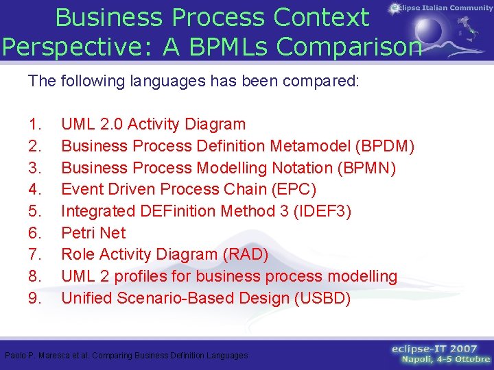 Business Process Context Perspective: A BPMLs Comparison The following languages has been compared: 1.