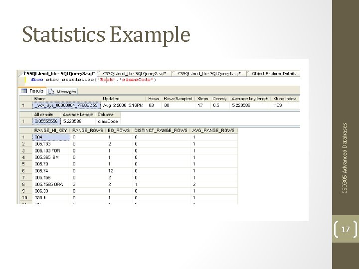 CSD 305 Advanced Databases Statistics Example 17 