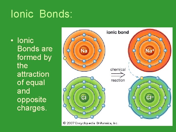 Ionic Bonds: • Ionic Bonds are formed by the attraction of equal and opposite