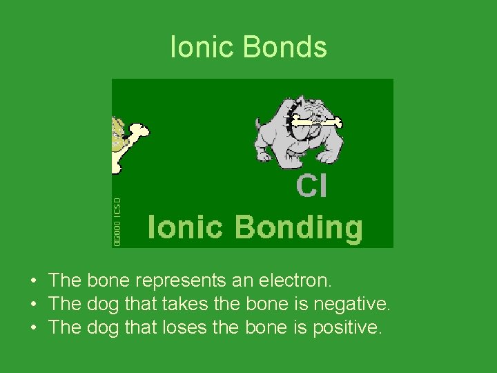 Ionic Bonds • The bone represents an electron. • The dog that takes the