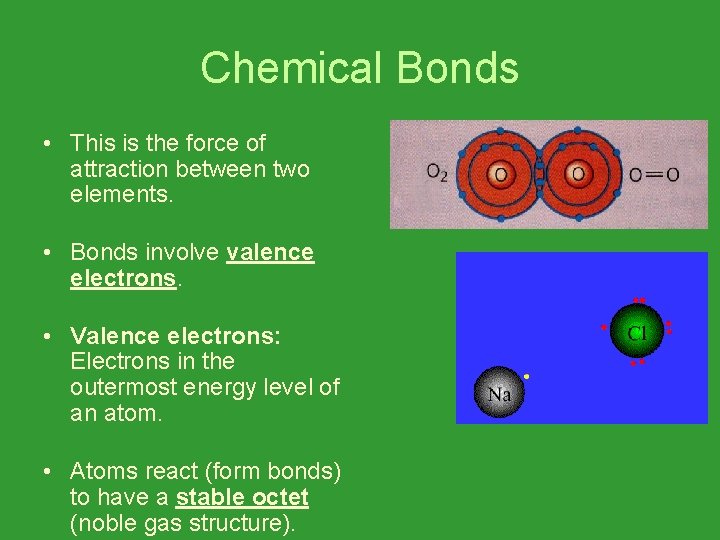 Chemical Bonds • This is the force of attraction between two elements. • Bonds