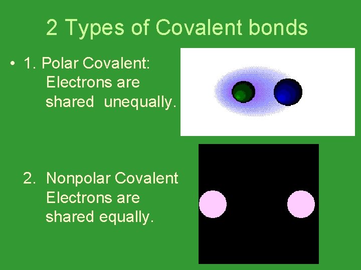 2 Types of Covalent bonds • 1. Polar Covalent: Electrons are shared unequally. 2.