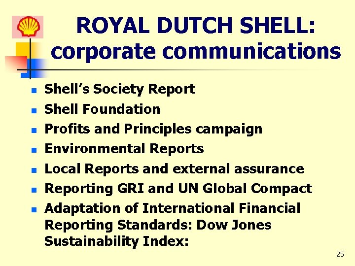 ROYAL DUTCH SHELL: corporate communications n n n n Shell’s Society Report Shell Foundation