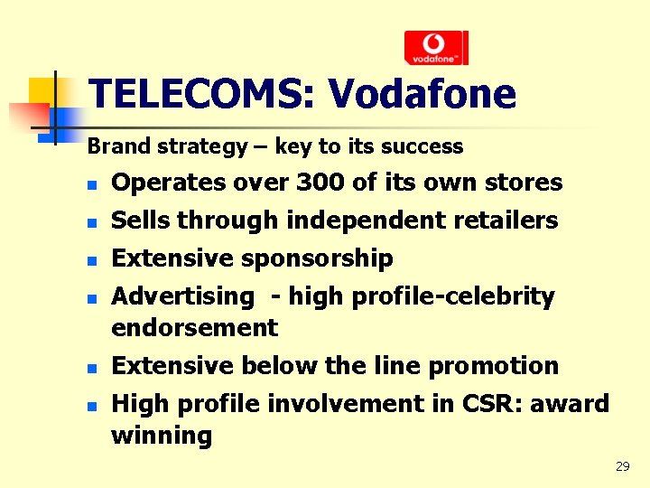 TELECOMS: Vodafone Brand strategy – key to its success n n n Operates over