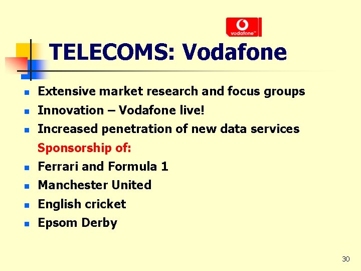 TELECOMS: Vodafone n Extensive market research and focus groups n Innovation – Vodafone live!