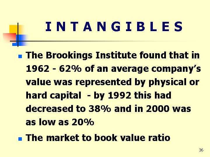 INTANGIBLES n n The Brookings Institute found that in 1962 - 62% of an