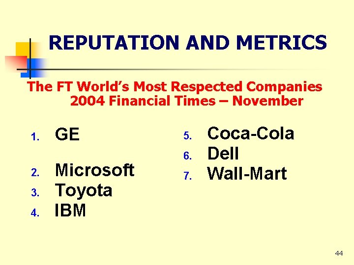 REPUTATION AND METRICS The FT World’s Most Respected Companies 2004 Financial Times – November